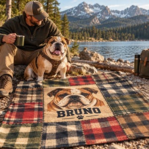 English Bulldog Picnic Blanket Custom Name Mismatched Plaid Patchwork Vacation Camping Gift Personalized Pet Portrait Outdoor Throw