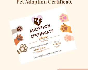 Pet Adoption Editable Template Printable Newly Adopted Dog or Cat Certificate Customizable Animal Rescue Organization Instant Download PDF