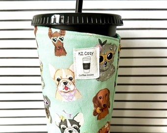 Coffee Cozy Cute Dogs with Sunglasses Handmade Cup Sleeve Eco-Friendly Reusable Coffee Sleeve Gift Idea for Dog Lovers Pet Themed Drinkware