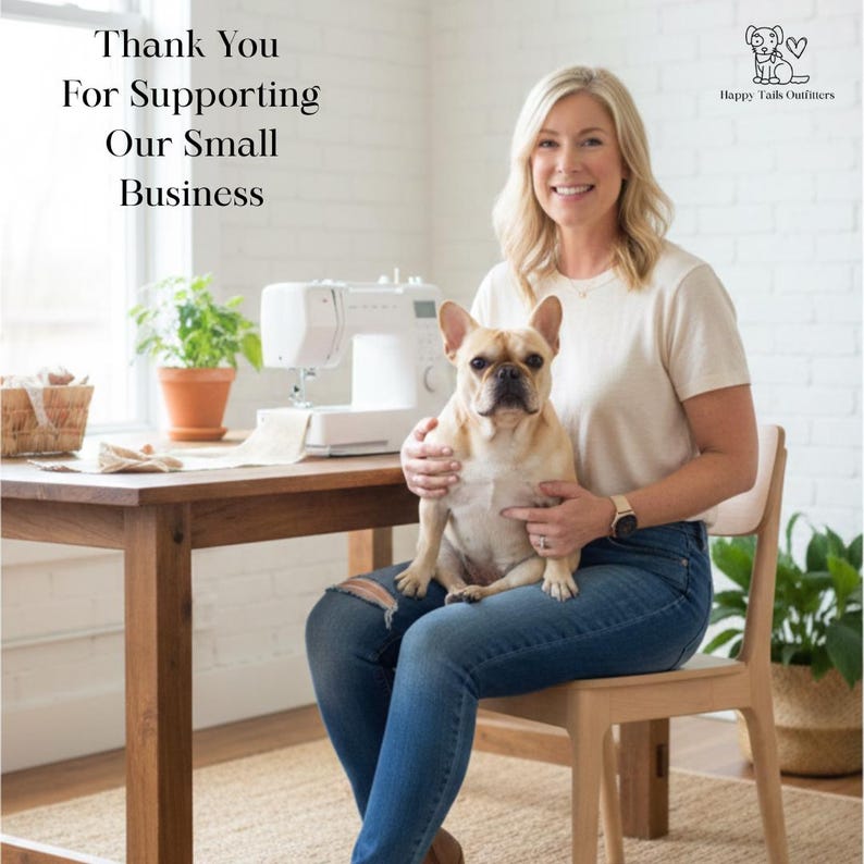May include: A woman seated with a light brown French Bulldog on her lap. She is wearing a cream-colored t-shirt and blue jeans. A sewing machine and a small wooden table are in the background. Text reads: Thank You For Supporting Our Small Business.