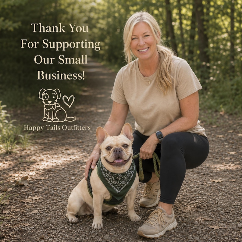 May include: A light tan t-shirt and black leggings worn with beige sneakers. A French Bulldog wears a dark green harness and a patterned bandana. Text reads: Thank You For Supporting Our Small Business! Happy Tails Outfitters with a dog icon.