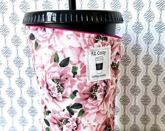 Pink Rose Coffee Cozy Elegant Rose Pattern Drink Koozie Sleeve Flower Themed Beverage Holder Vintage Inspired Rose Iced Coffee Wrap Floral