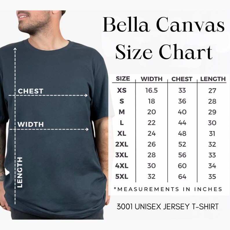 May include: A Bella Canvas 3001 unisex jersey t-shirt size chart with a dark gray t-shirt on the left. The chart lists sizes XS through 5XL with corresponding width, chest, and length measurements in inches. Dashed lines indicate measurement points.