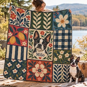 May include: A rectangular throw blanket featuring a patchwork design with floral patterns, lemons, blue and white gingham, and vertical stripes. The center panel displays a portrait of a Boston Terrier dog with the name Milo printed below it.