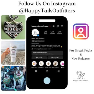May include: A screenshot of an Instagram profile for Happy Tails Outfitters, a handmade brand of dog bandanas, coffee cozies, and more. The profile picture shows a cartoon dog wearing a bandana. The profile has 1,153 posts, 1,235 followers, and 1,960 following. The text "Happy Tails Outfitters" is displayed below the profile picture. The text "Entrepreneur" is displayed above the text "Happy Tails Outfitters is a handmade brand of dog bandanas, coffee cozies & more! Shop Online Here www.happytails.us and 1 more". The text "Professional dashboard" is displayed above the text "1.6K accounts reached in the last 30 days". The text "Edit profile" is displayed above the text "Share profile". The text "Find Us Here! Adoptable... Coffee Cozi... Dog Groom... Shop" is displayed below the text "Share profile".
