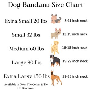 May include: Dog bandana size chart with illustrations of different dog breeds and their corresponding neck sizes in inches. The chart includes sizes for extra small, small, medium, large, and extra large bandanas. The text "Available in Over The Collar & Tie On Bandanas" is at the bottom of the chart.
