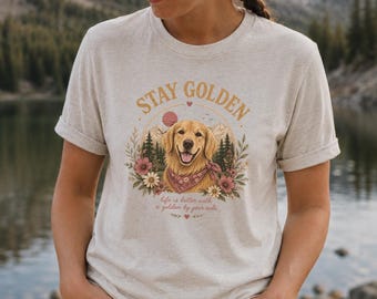 Camiseta Stay Golden Retriever, camiseta boho para mamás de perros, camiseta con estampado floral, regalo para amantes de la naturaleza, camiseta para mamás de Golden Retriever, camiseta para aventuras al aire libre