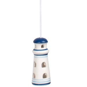 Könnte beinhalten: Weißer Keramik-Lichtschalter mit einem blauen und weißen Leuchtturm-Design. Der Leuchtturm hat ein blaues Dach und weiße Streifen.