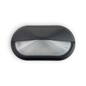 May include: Oval-shaped outdoor wall light fixture. The fixture has a black frame and a frosted glass lens. The light is designed to be mounted on a wall and provides a soft, diffused light. The fixture is suitable for exterior use.