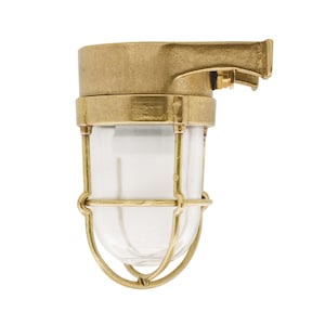 Op de afbeelding: Messing buitenlamp met een heldere glazen bol en een kooivormige beschermkap. De lamp heeft een zijwaarts gemonteerde schakelaar.