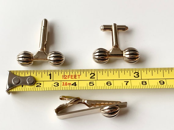 Vintage Heavy Royal Bar Tone Gold Cufflinks & Tie… - image 2