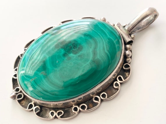 Vintage Malachite Silver Pendant - image 1