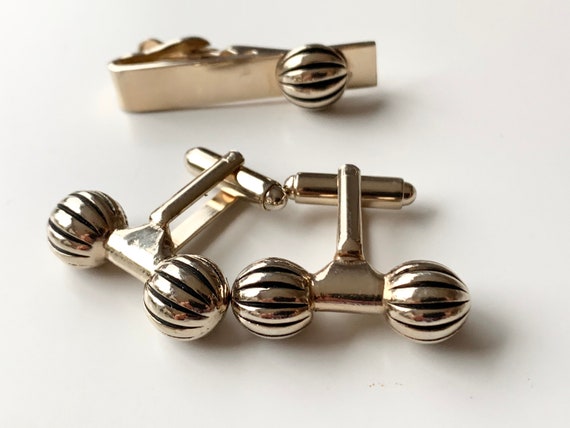 Vintage Heavy Royal Bar Tone Gold Cufflinks & Tie… - image 5