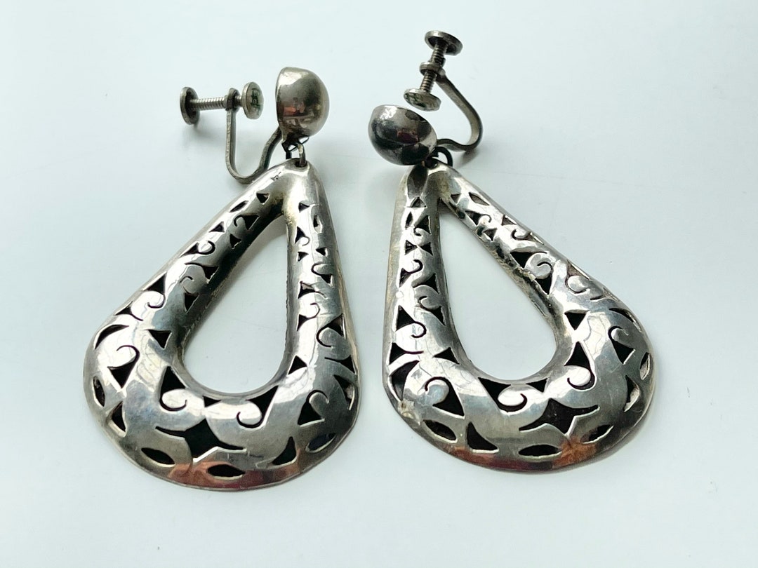 VINTAGE HOLLYWOOD★[925 Silver] Dew Curve Earrings ピアス Large Vintage Teardrop Guadalajara Plata Mexico Sterling