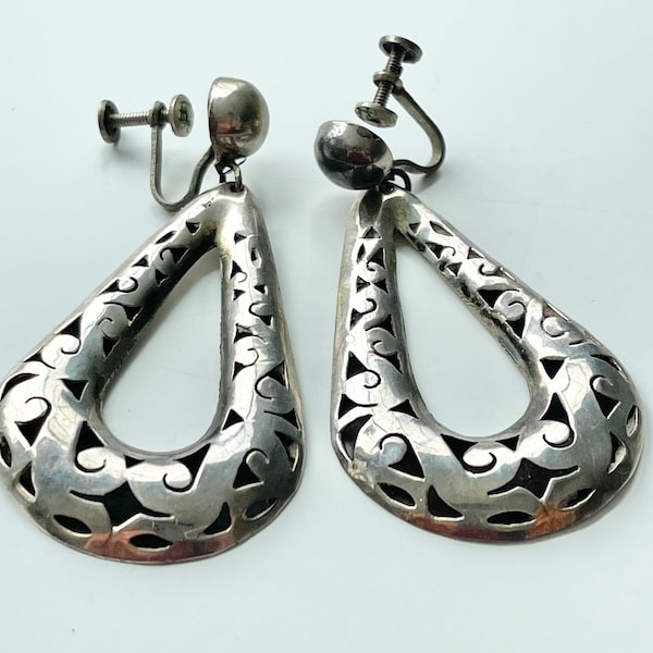 Large Vintage Teardrop Guadalajara Plata Mexico Sterling Silver Screwback Earrings Signed