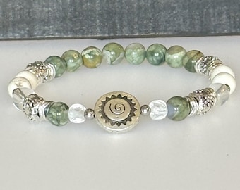 Rhyolite, Magnesite and Clear Quartz Crystal Bracelet with Optional Charm