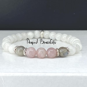 Rose Quartz, Labradorite & Moonstone Crystal Bracelet Genuine 6mm Beaded Jewelry, Spiritual, Gift for Her