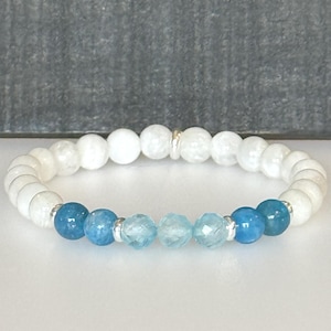 Blue Apatite, Blue Topaz and Moonstone Crystal Bracelet with 6mm Beads and Optional Sterling Silver Accents