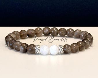 Smoky "Cloudy" Quartz and Moonstone Bracelet with 6mm Beads and Sterling Silver Floral Accents