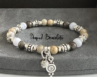 Blue Lace Agate, Chocolate Labradorite and Silver Leaf Jasper, Free Spirit Crystal Bracelet