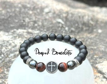 Black Onyx, Hematite, Red Tiger's Eye 8mm Bead Bracelet with Cross