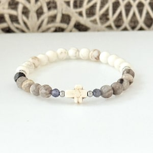 Magnesite and Silver Leaf Jasper Cross Bracelet- Spiritual Faith Jewelry