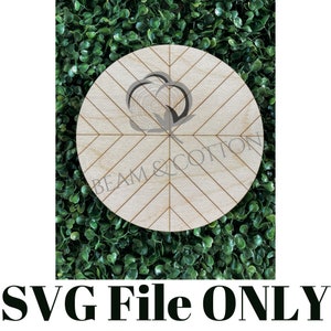 May include: A round wooden sign with a geometric pattern and a cotton boll design. The sign says "BEAM & COTTON" in a script font.