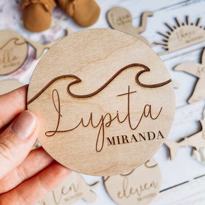 Ocean Wave Name Birth Announcement Plaque Sign / Engraved Wooden Name Sign / Wooden Nursery Decor / Newborn Photo Prop image 1