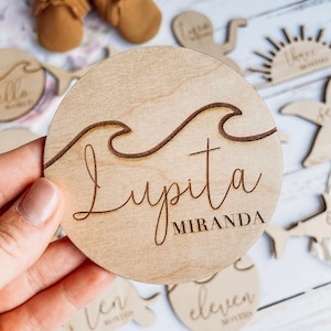 Ocean Wave Name Birth Announcement Plaque Sign / Engraved Wooden Name Sign / Wooden Nursery Decor / Newborn Photo Prop