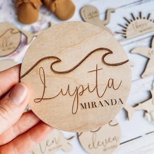 Ocean Wave Name Birth Announcement Plaque Sign / Engraved Wooden Name Sign / Wooden Nursery Decor / Newborn Photo Prop image 1