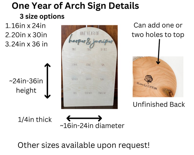Pode incluir: Um letreiro de madeira em forma de arco com o texto "ONE YEAR OF harper & juniper" e os n&uacute;meros de 1 a 12. O letreiro tem 1/4 de polegada de espessura e um di&acirc;metro de 16 a 24 polegadas. A parte de tr&aacute;s do letreiro &eacute; inacabada e pode ser personalizada com dois furos no topo.