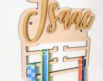 Custom Solid Wood Medal Hanger Display with Trophy Shelf: Sports Theme