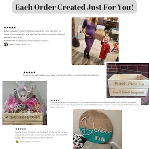 May include: A wooden crate with the text "Porch Pick Up" and "Keep It Simple Sassypants" is displayed. Another crate is labeled "Gaughan & Crane". A wooden sign with the name "Deia Jean" is also shown. The image also includes customer reviews.