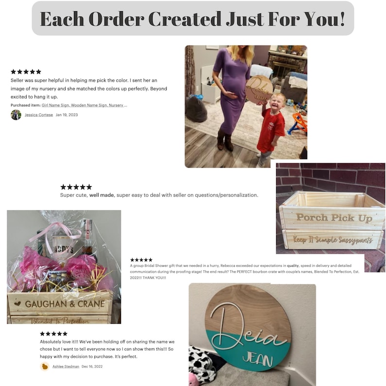 May include: A wooden crate with the text "Porch Pick Up" and "Keep It Simple Sassypants" is displayed. Another crate is labeled "Gaughan & Crane". A wooden sign with the name "Deia Jean" is also shown. The image also includes customer reviews.