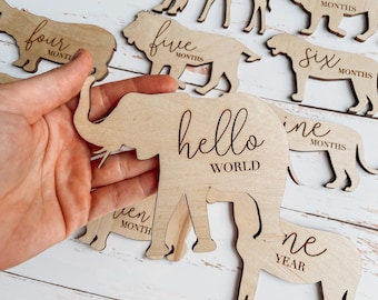 Wooden Monthly Milestone Disc & Safari Animals For Baby Photos | Sarfari Animal Theme | Monthly Milestone Marker  Baby Gift  Milestone Cards