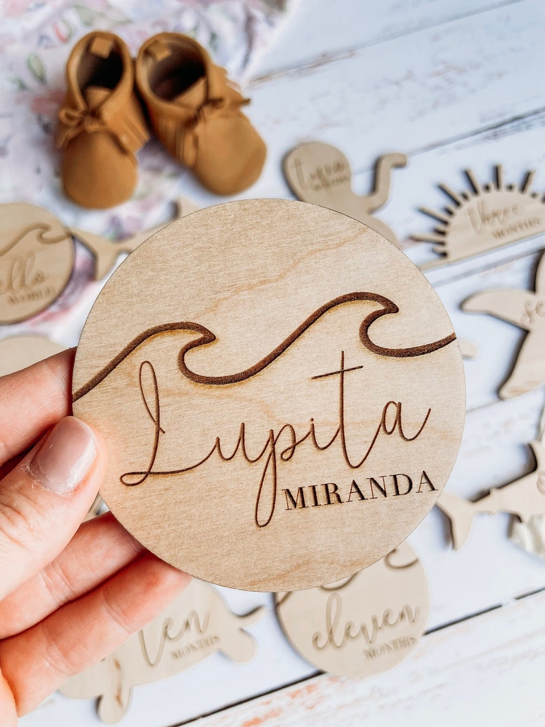 Ocean Wave Name Birth Announcement Plaque Sign / Engraved Wooden Name Sign / Wooden Nursery Decor / Newborn Photo Prop image 1