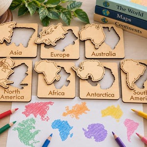 Wooden Continent Stencils for Kids, Montessori Geography Activity, World Map Tracing Set, Homeschool Geography Learning Toy