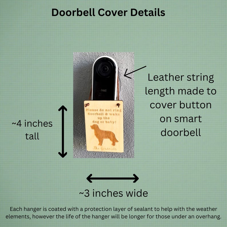 May include: Wooden doorbell cover, approximately 4 inches tall and 3 inches wide, with a dog illustration and the text "Please do not ring doorbell & wake up the dog or baby!". The cover is designed to hang on a smart doorbell.