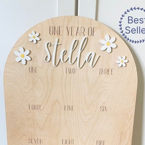 Puede incluir: Un letrero de madera en forma de arco con el texto "ONE YEAR OF Stella" y los n&uacute;meros del uno al nueve. El letrero est&aacute; decorado con flores de margarita blancas con centros amarillos.