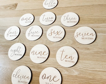 Baby Monthly Milestone Markers | Wooden | Boho | Baby Photos | Gift | Milestone Disks | Signs | Hello World | Baby Shower | Milestone Cards