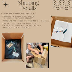 May include: Cardboard boxes with items wrapped in black tissue paper and white paper. One box has a tag that says "MATEO". The text "Shipping Details" is at the top of the image.