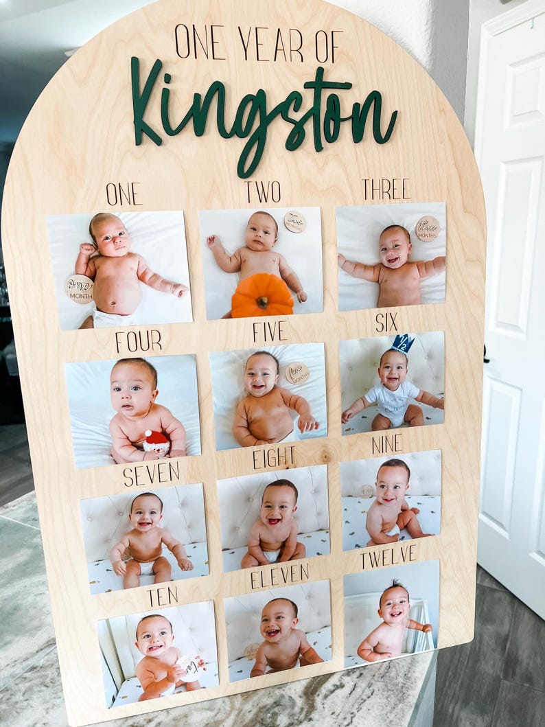 One Year of Photo Board, Wood Photo Board, Milestone Board, 1st Birthday Board, First Birthday Decorations Girl, 12 Months Photo Banner image 1