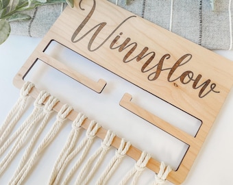 Bow Holder Nursery Decor, Macrame Bow Holder, Personalized Boho Hair Bow Organizer, Baby Girl Hair Accessories, Wall Hanging Bow Storage