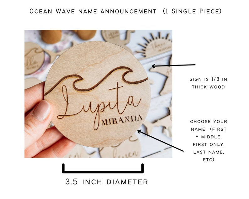 Ocean Wave Name Birth Announcement Plaque Sign / Engraved Wooden Name Sign / Wooden Nursery Decor / Newborn Photo Prop image 4