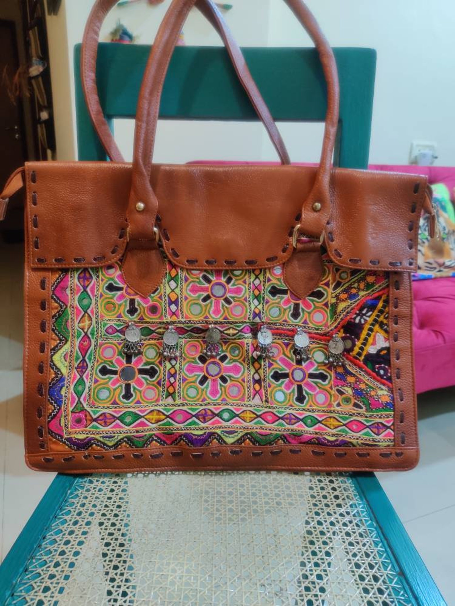 Pure leather Kutch embroidery hand stitched Big handbag | Etsy
