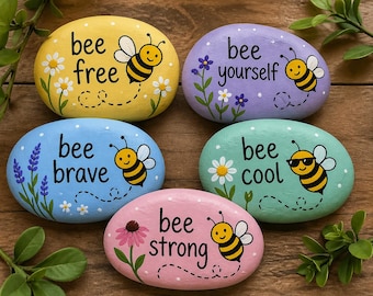 Bee Painted Rocks Gift Set, Inspirational Garden Stones, Positive Affirmation Decor, Bee Yourself Bee Brave Bee Strong, Mental Health Gift