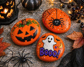 Halloween Hand Painted Rocks, Beach rocks art Jack O’Lantern Home Decor, Hand painted Halloween party favors Unique pebble art