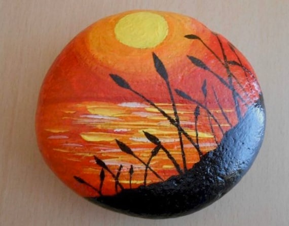 Painted Sea Stones Rocks, Painting Sunset and Sunrise Stones, Art Color Sea Stone,  Paint Rock Sunset, Personalization Drawing Stone 