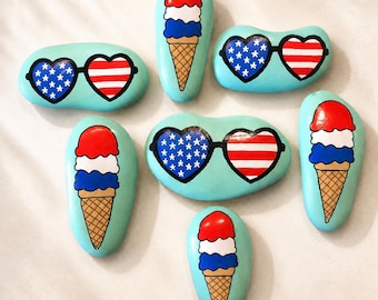 Hand-Painted Flag Rocks, Ice Cream, Sunglasses, USA Summer Decor
