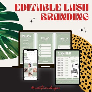Könnte beinhalten: Ein Bild mit einem Laptop, Tablet und Smartphone, die Wimpern-Branding-Vorlagen anzeigen. Der Text "EDITABLE LASH BRANDING" steht oben. Der Laptop zeigt Öffnungszeiten und Tagesziele an. Das Tablet zeigt eine Preisliste mit einem QR-Code.
